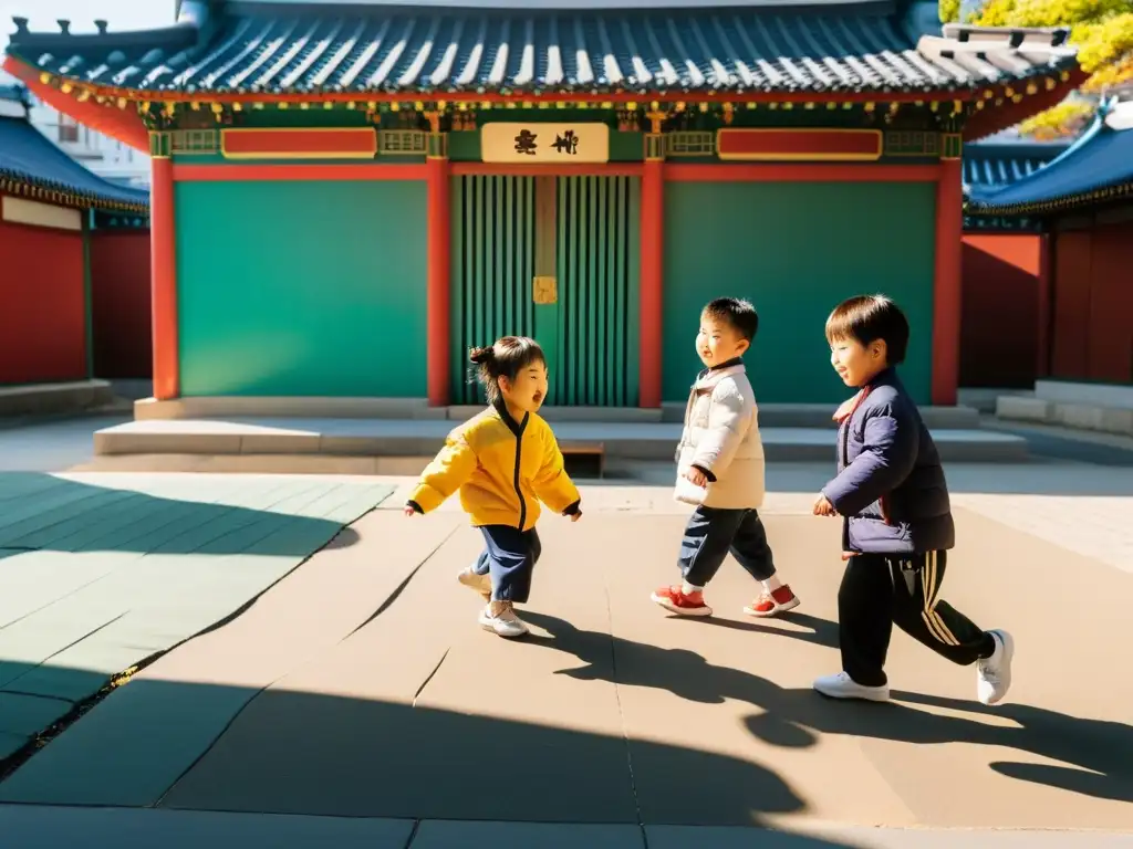 Niños juegan Ttakji en animado vecindario de Seúl, Corea del Sur