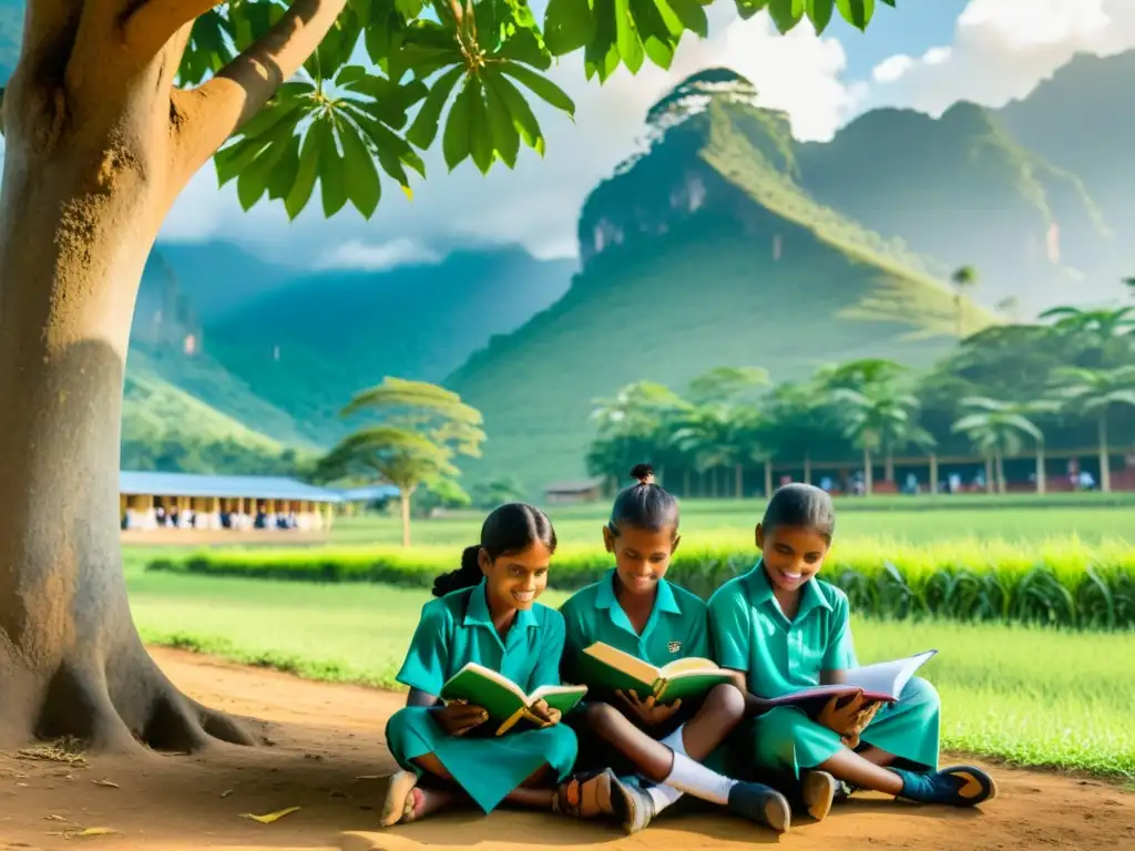 Niños estudian bajo árbol cerca de escuela en reconstrucción educativa Sri Lanka postguerra, con montañas al fondo