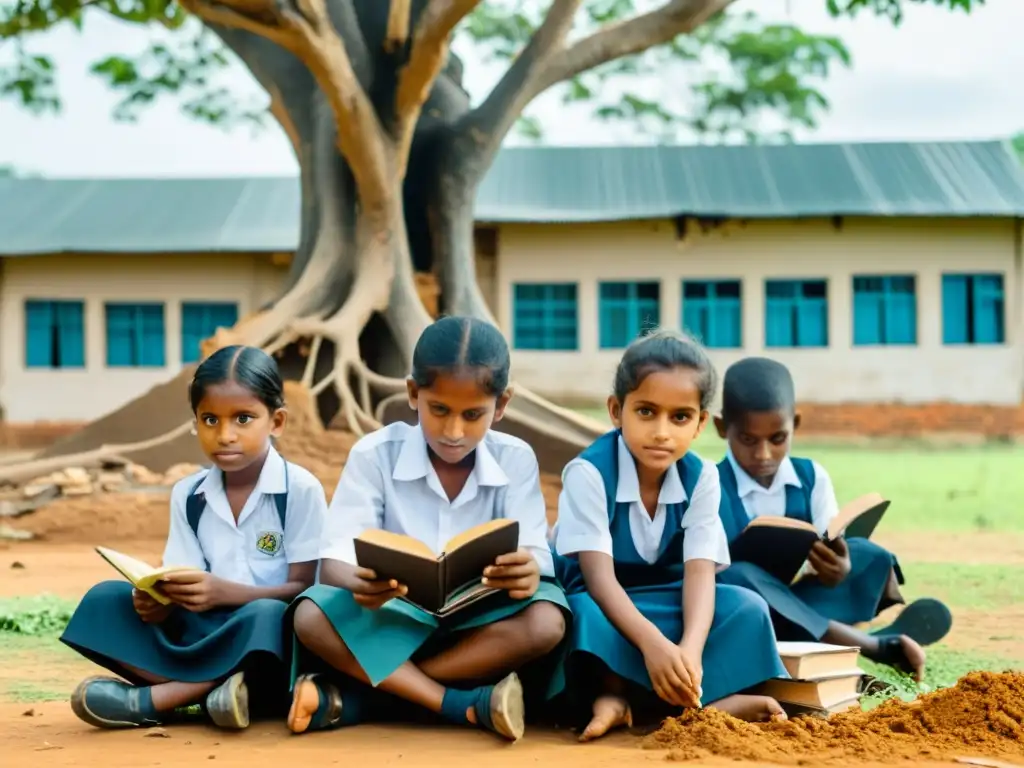 Niños estudian bajo árbol en Sri Lanka, rodeados de libros y reconstrucción educativa postguerra, mostrando esperanza y resiliencia