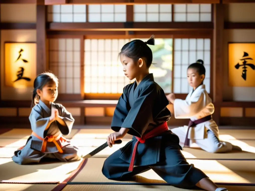 Niños samurai practican artes marciales en un dojo tradicional con disciplina y enfoque