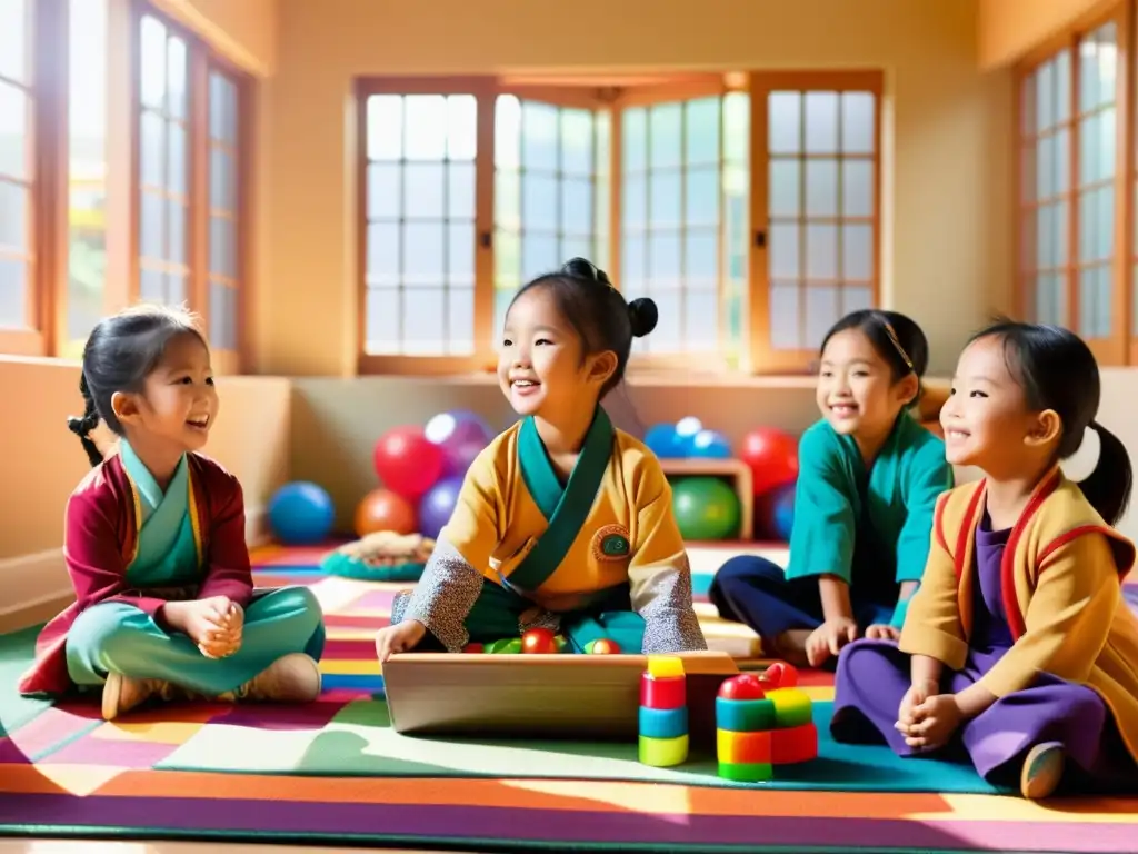 Niños asiáticos disfrutan de una actividad educativa temprana en un alegre salón lleno de colores y materiales educativos