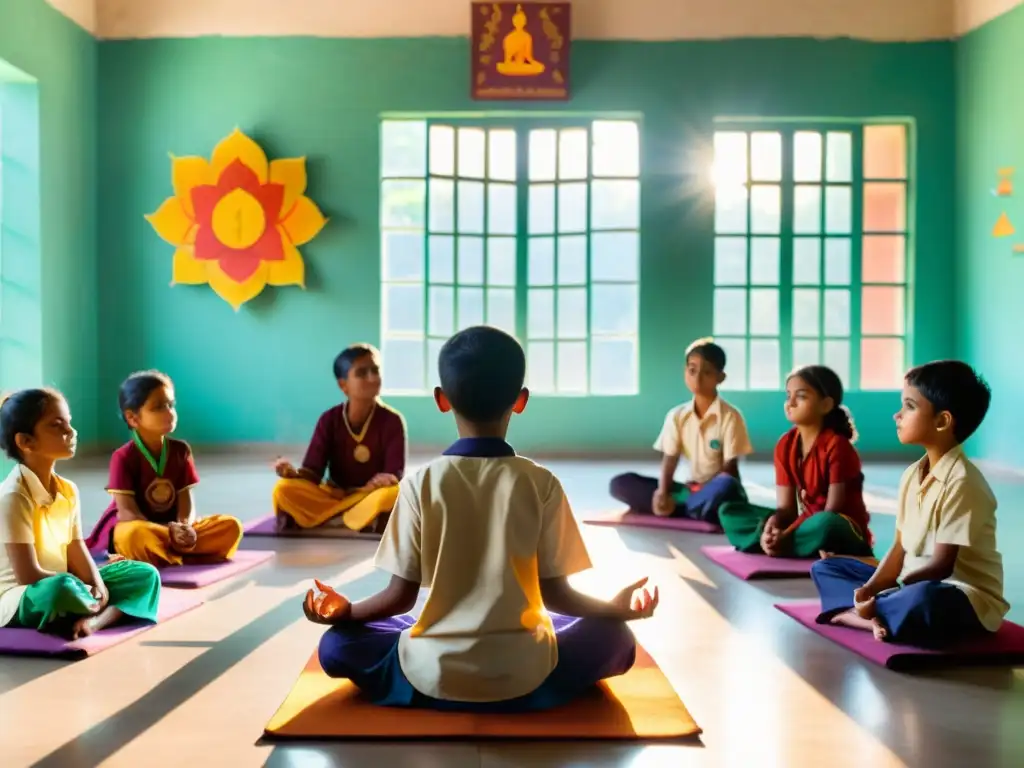 Niños meditan en aula tranquila de la India, integrando espiritualidad en escuelas, con luz cálida y arte colorido