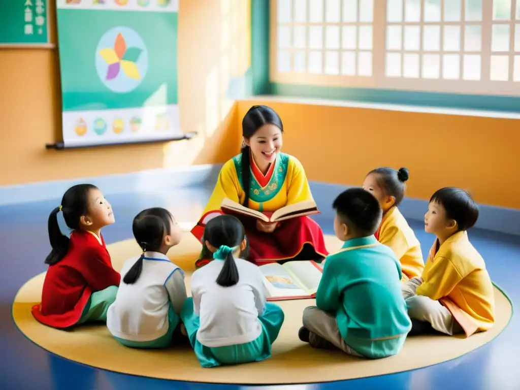 Niños chinos en ropa tradicional escuchan atentos a su maestra mientras les lee un libro ilustrado, en un aula luminosa llena de posters educativos