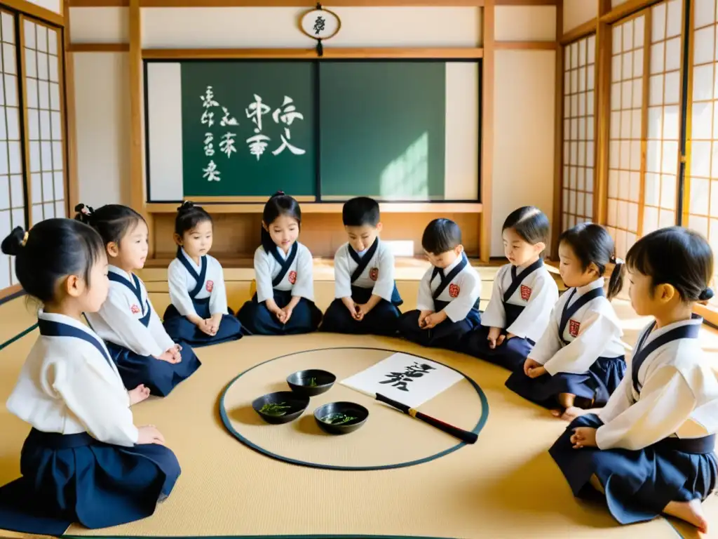 Niños en clase de caligrafía japonesa, concentrados y determinados en una experiencia educativa en Asia