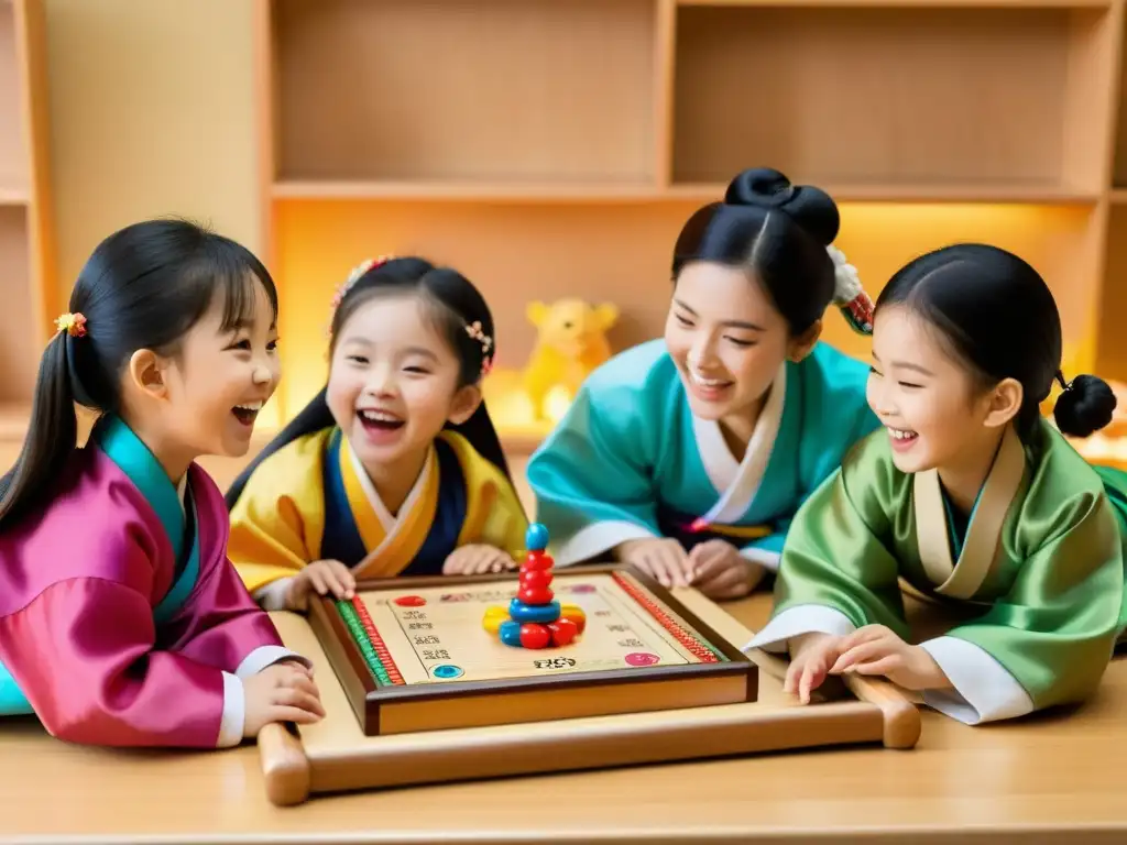 Niños coreanos en hanbok juegan Yut Nori en celebración del Año Nuevo Lunar, rodeados de decoraciones tradicionales y luces festivas