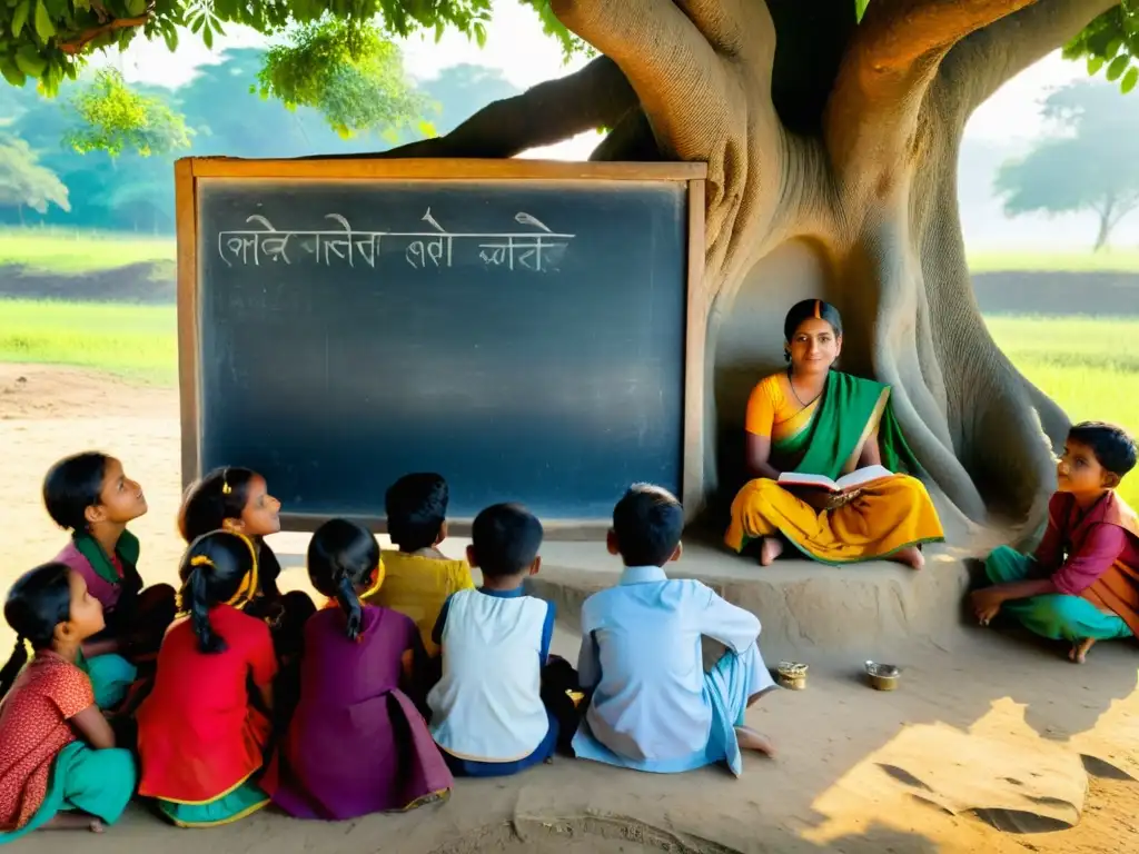 Niños aprendiendo con entusiasmo bajo un árbol en una aldea de Bangladesh, desafíos educación calidad Bangladesh