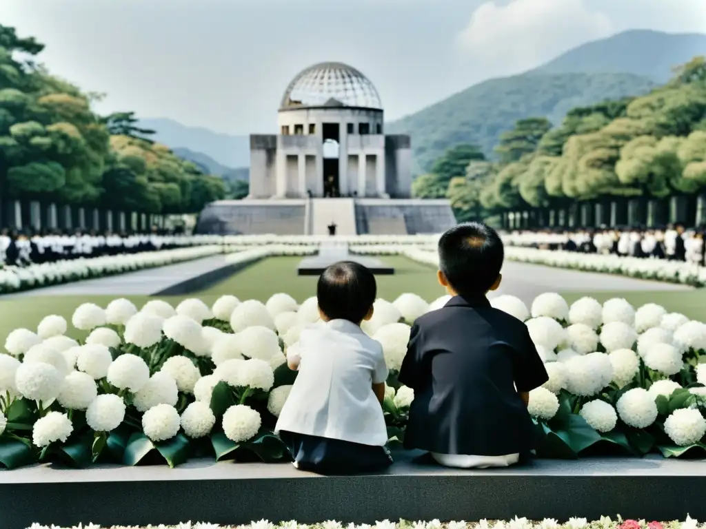 Niños en Hiroshima y Nagasaki visitan el Parque Memorial de la Paz, dejando flores en el monumento