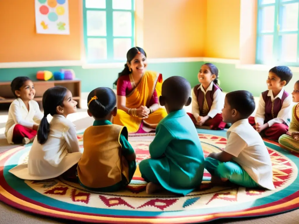 Niños en India participan en educación temprana en Asia, atentos a su maestra en un aula vibrante y acogedora