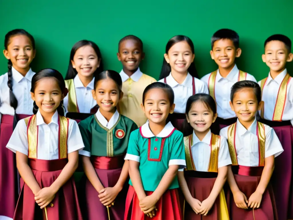 Niños malayos visten trajes tradicionales, participan en actividad cultural, reflejando la diversidad y unidad en la educación nacional de Malasia