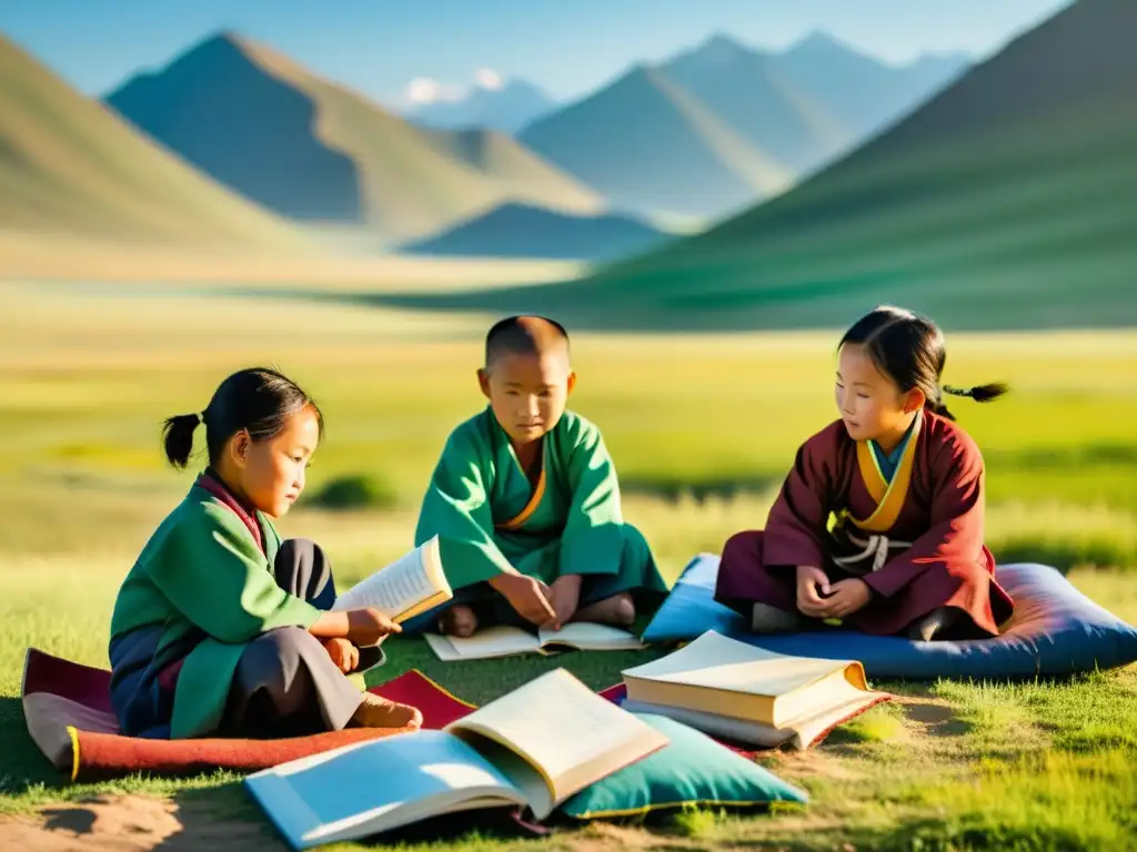 Niños nómadas de Mongolia estudian al aire libre, desafío de la educación nómada Mongolia