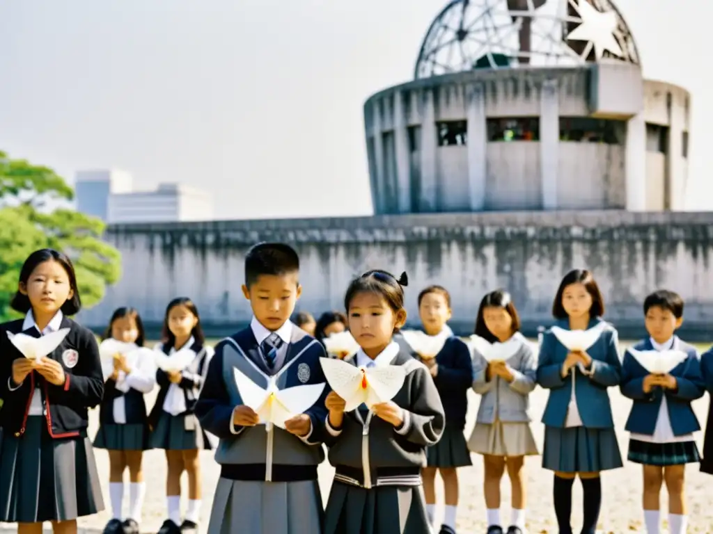 Niños en el Parque de la Paz de Hiroshima, con la Cúpula de la Bomba Atómica al fondo