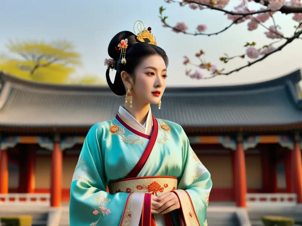 Una noble mujer de la dinastía Tang viste un hanfu de seda adornado, mira elegante a la distancia