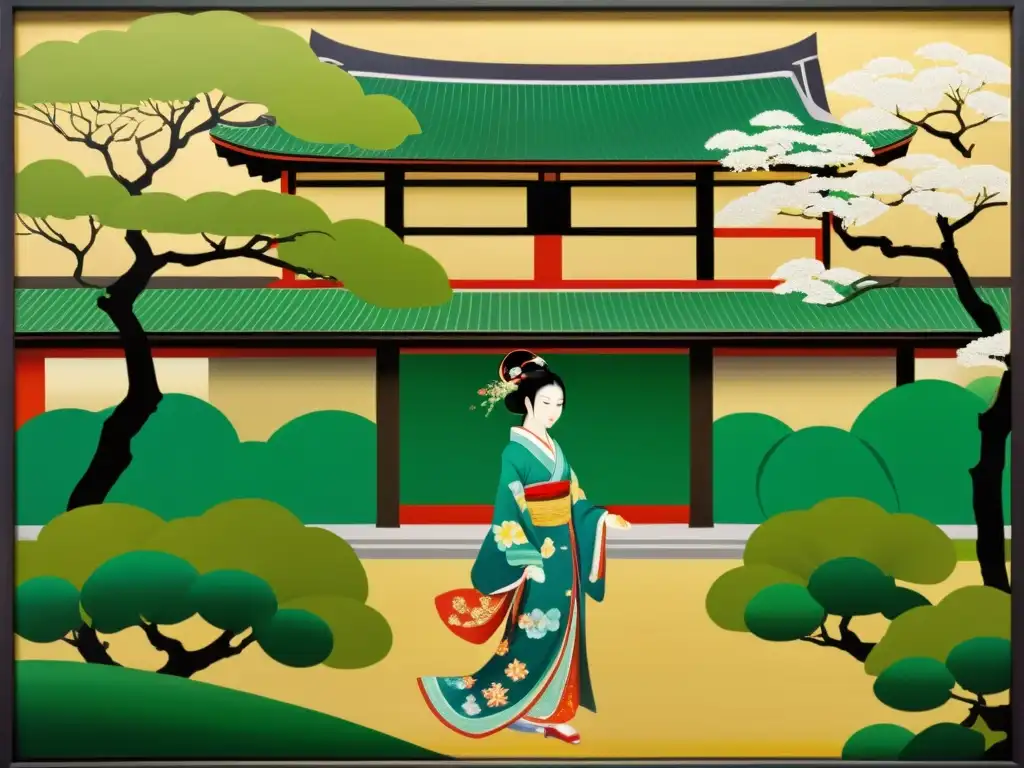 Una noble mujer en kimono rodeada de exuberantes jardines y arquitectura tradicional, evocando elegancia y riqueza cultural