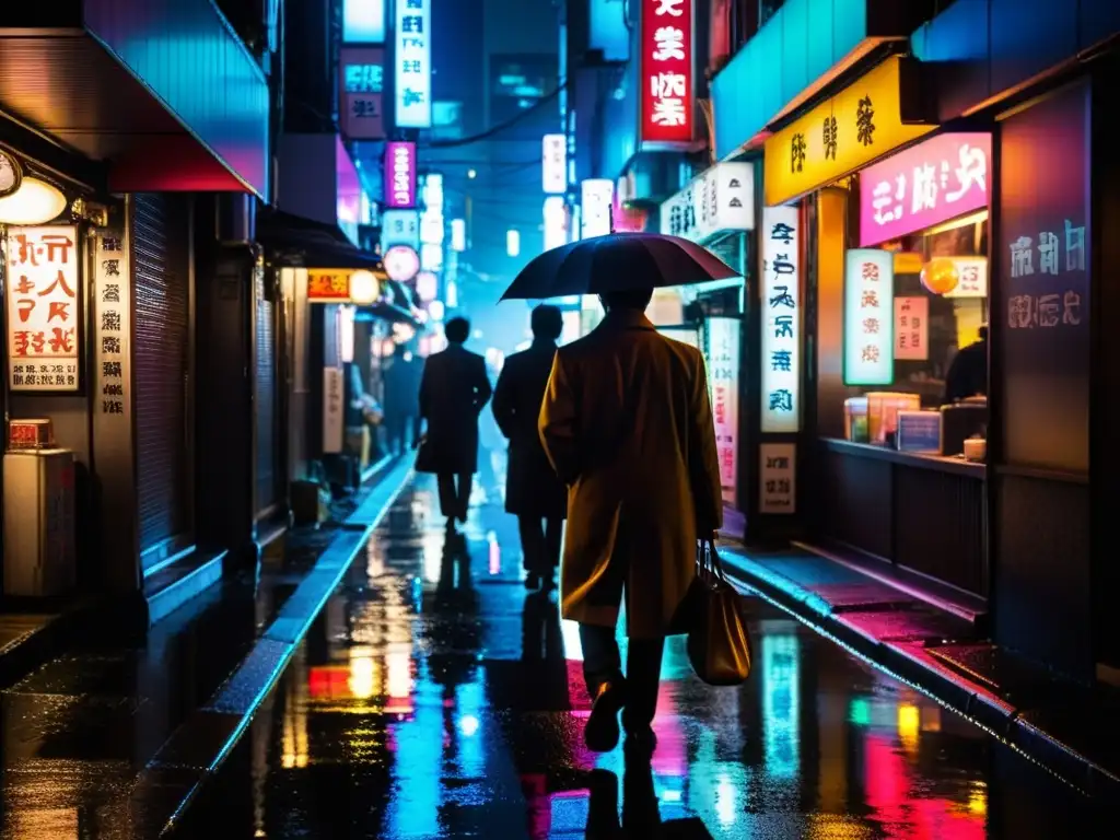 Alleyway Tokyo de noche, iluminado por neón y reflejos, evocando la popularidad de la novela negra en Asia