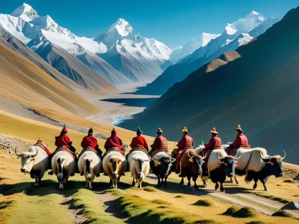 Viviendo con nómadas en las montañas asiáticas: grupo de nómadas con yaks en un impresionante paisaje montañoso