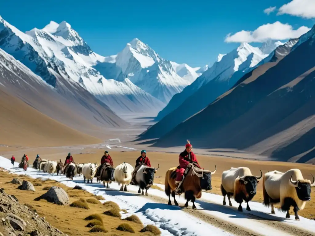 Viviendo con nómadas en las montañas asiáticas: pastores nómadas guiando yaks a través de un paisaje nevado y desafiante