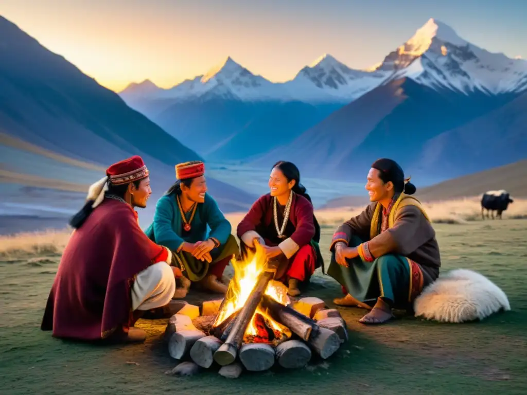 Viviendo con nómadas en las montañas asiáticas: tribus reunidas alrededor de una fogata, con vistas a la majestuosa montaña nevada al atardecer