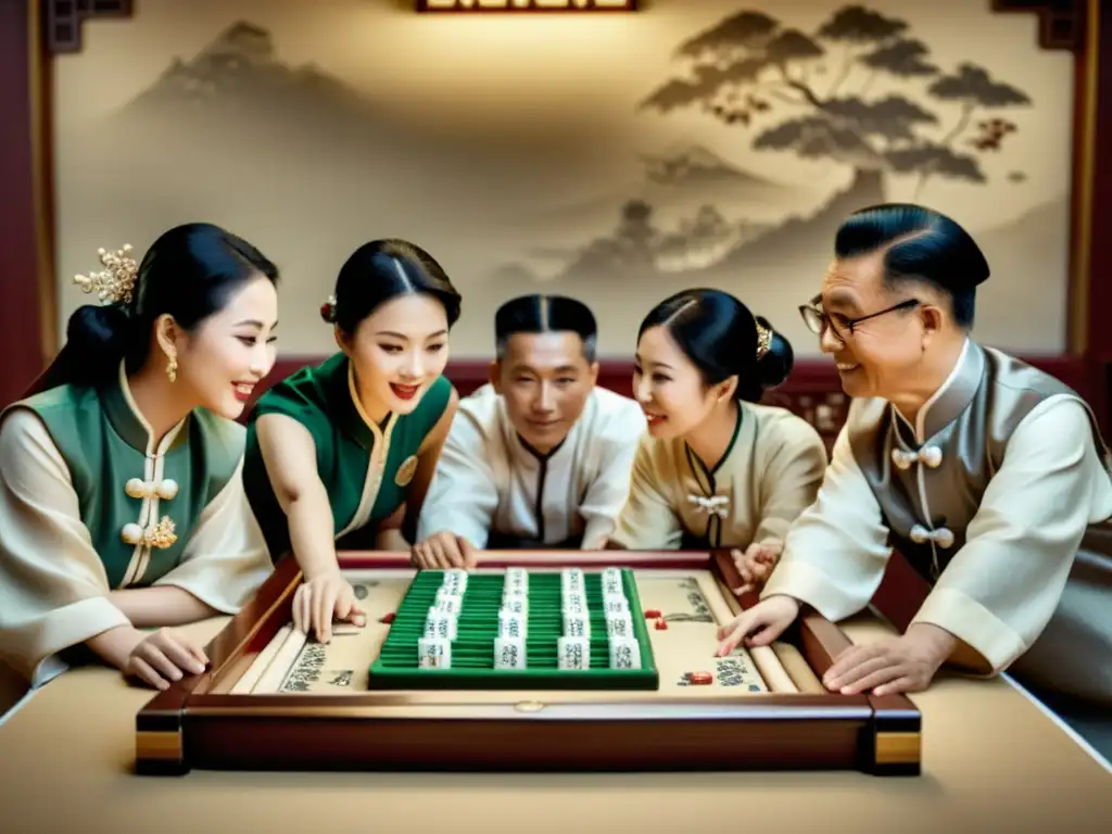 Un nostálgico grupo de jugadores de mahjong en atuendos tradicionales chinos, rodea una mesa bellamente decorada con fichas ornamentadas