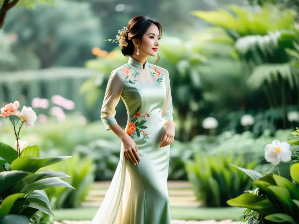 Una novia viste un Ao Dai vietnamita en un jardín exuberante