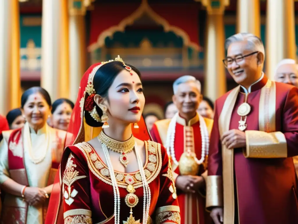 Una novia asiática con traje tradicional rojo y dorado rodeada de seres queridos en un templo decorado