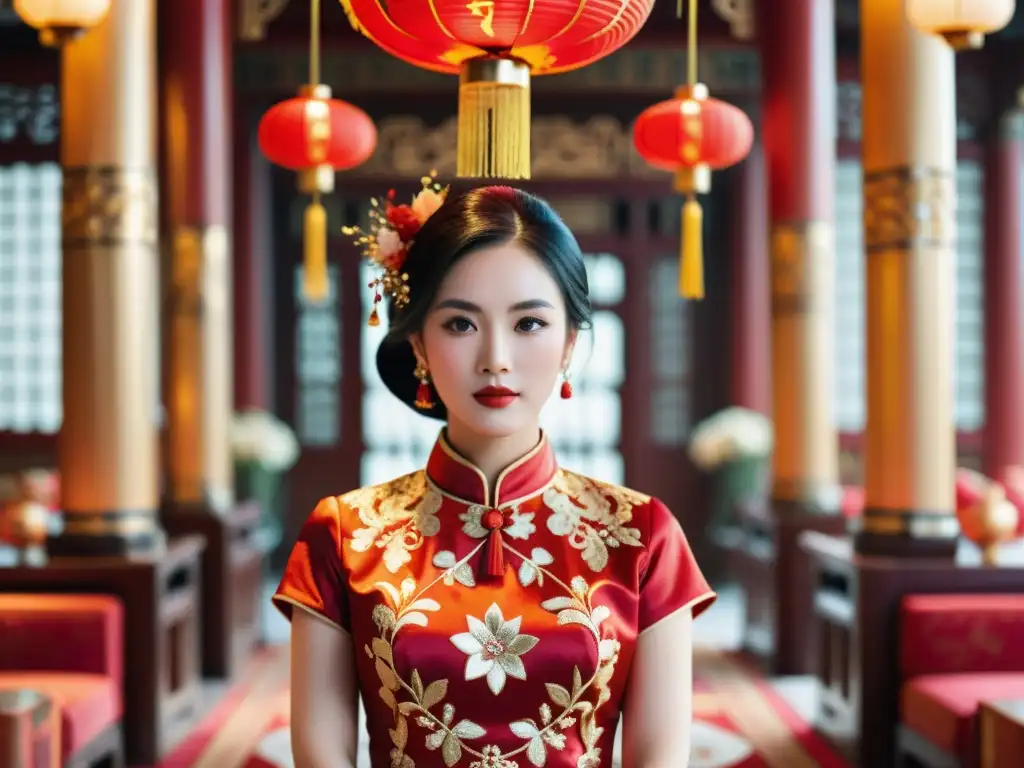 Una novia en un elegante Qipao rojo en una ceremonia de boda china