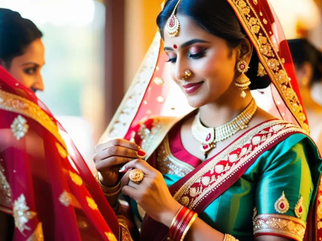 Una novia india viste un sari de boda, rodeada de familiares, en una escena llena de romance en el cine indio