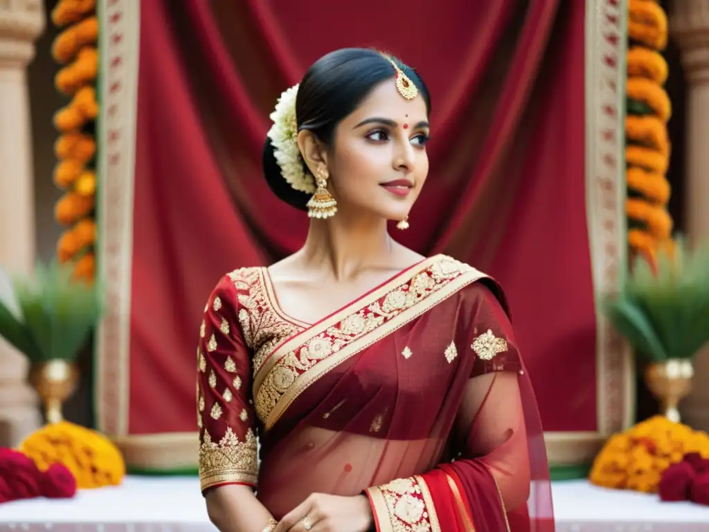 Una novia en India viste un sari rojo con bordados dorados, rodeada de decoraciones florales en un altar de boda tradicional