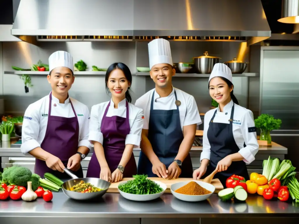 Una nueva generación de chefs asiáticos prepara innovadores platos en una cocina moderna, rodeados de ingredientes frescos y vibrantes