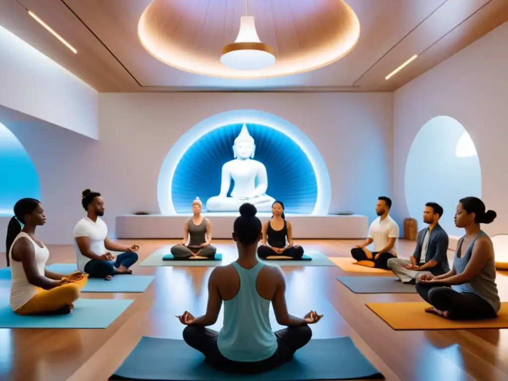 Nuevas formas de práctica budista: meditación en un espacio moderno con elementos digitales y tradicionales, luz suave y concentración serena