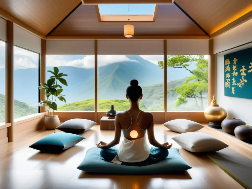 Nuevas formas de práctica budista en una sala de meditación serena, con elementos tradicionales y tecnológicos fusionados en armonía