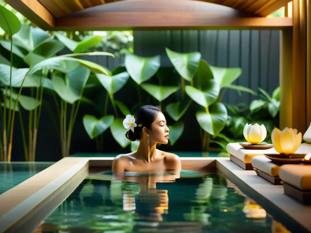 Un oasis de lujo y tranquilidad en un spa asiático con piscina, vegetación exuberante y arquitectura elegante