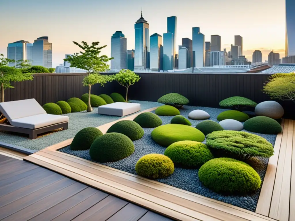 Un oasis de serenidad en la azotea urbana: jardines Zen con bonsáis, grava, rocas y musgo, rodeados de madera y minimalismo