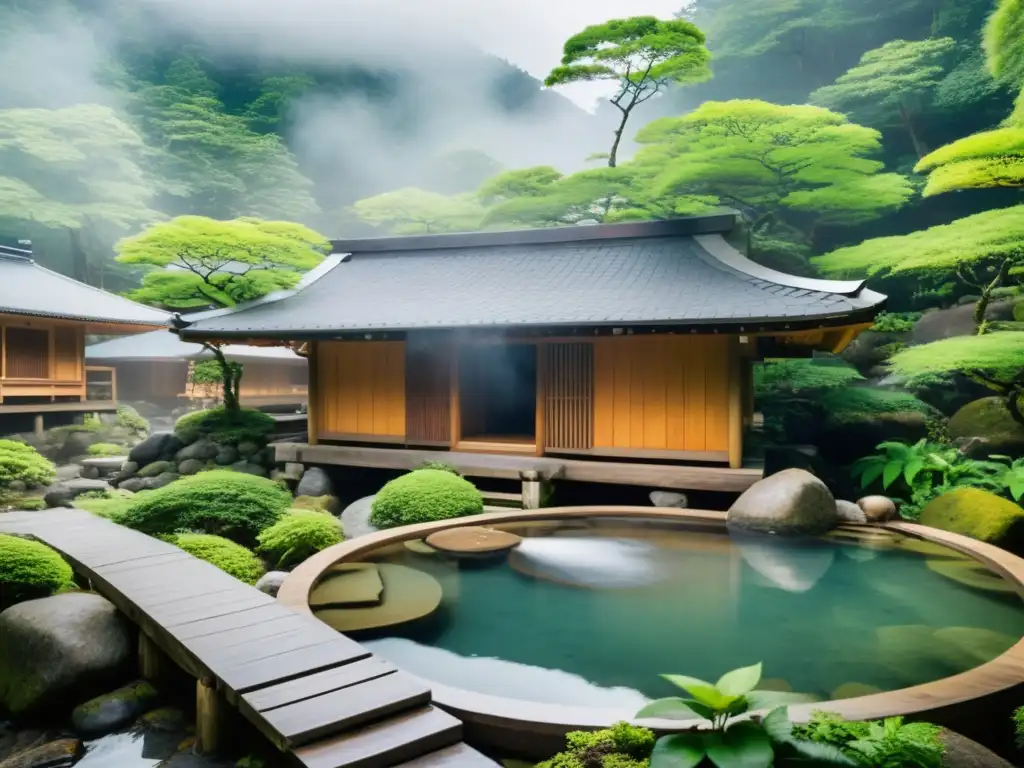 Un oasis de serenidad: un onsen japonés en medio de un exuberante bosque, con aguas cristalinas y vapor relajante