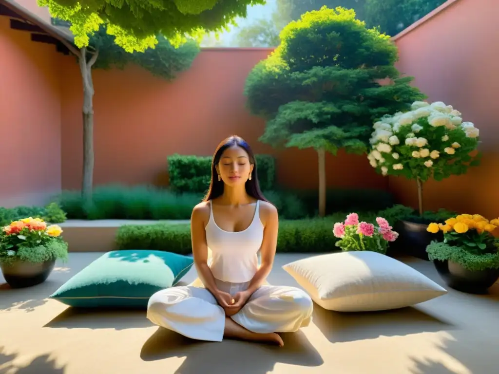 Un oasis de serenidad: un patio bañado por el sol, con flores vibrantes y exuberante vegetación