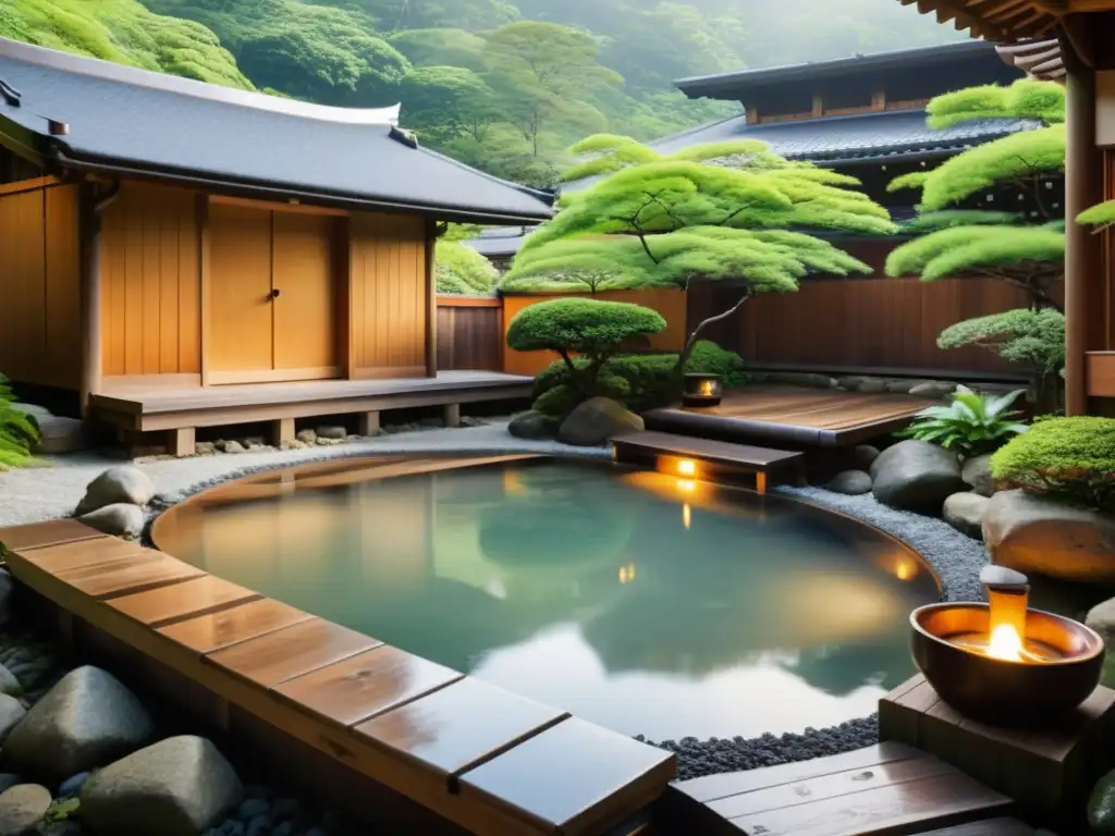 Un oasis de tranquilidad en un onsen japonés, rodeado de exuberante vegetación