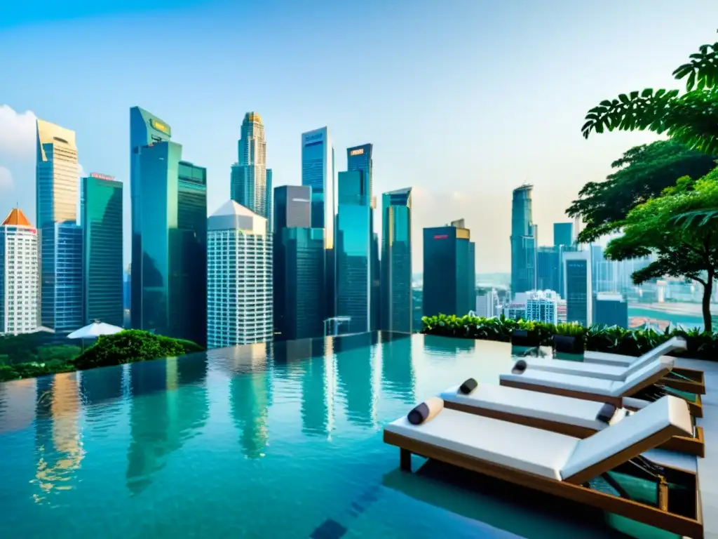 Oasis urbano de lujo en Singapur: piscina infinita en el techo con vistas a la ciudad y jardín relajante