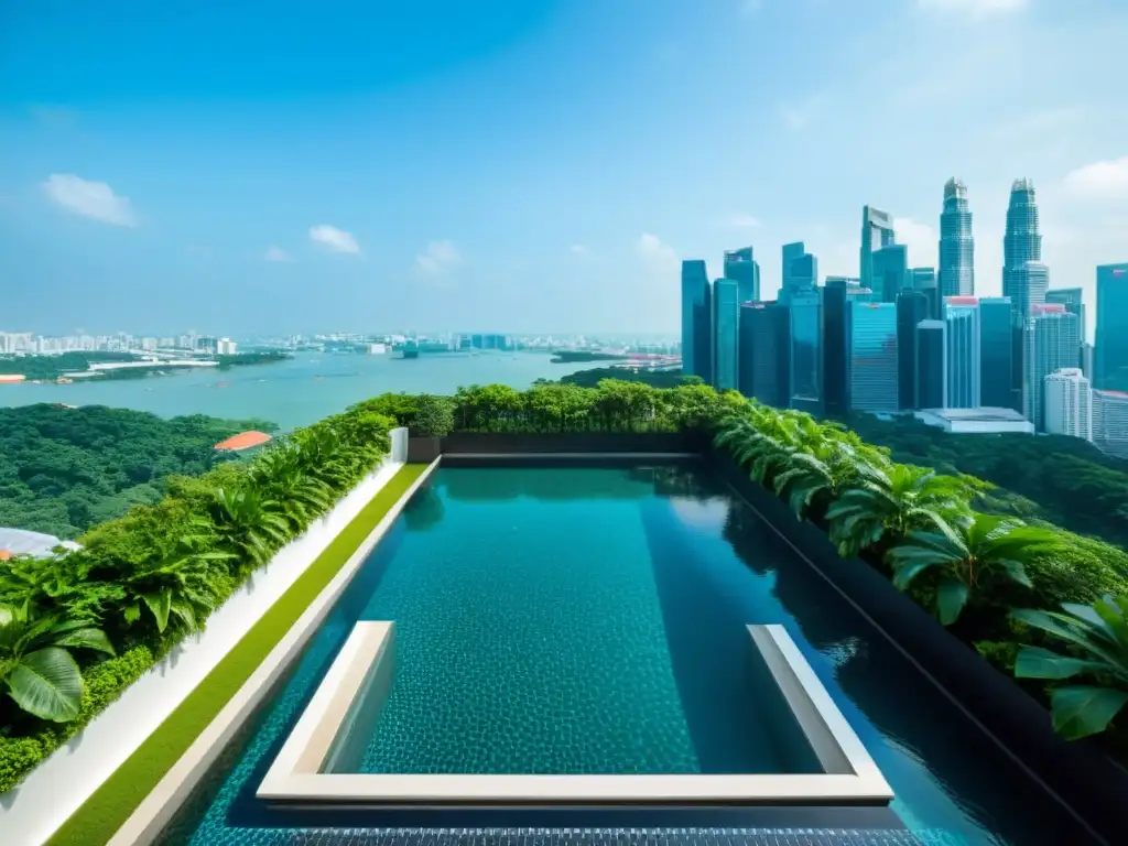 Oasis urbano de lujo en Singapur con piscina infinita, vistas impresionantes y vegetación exuberante, reflejando la elegancia de la ciudad