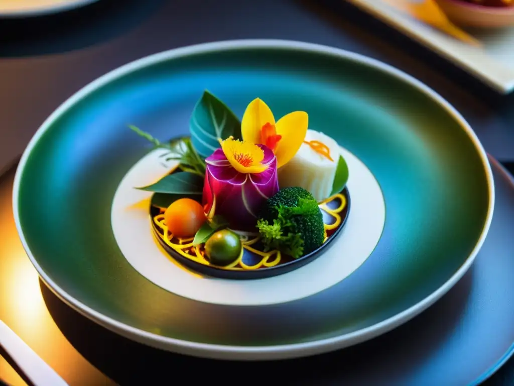 Una obra de arte culinaria de una cena temática de gastronomía asiática, con colores vibrantes y exquisita presentación