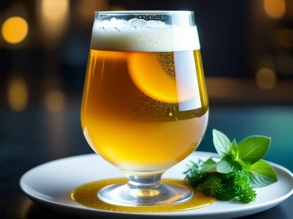 Una obra de arte culinaria: cerveza dorada y efervescente con un exquisito plato asiático