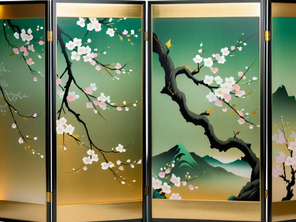 Una obra de arte de la escuela de arte Rinpa en Japón, con delicadas flores de cerezo y detalles en oro que capturan la esencia de la primavera