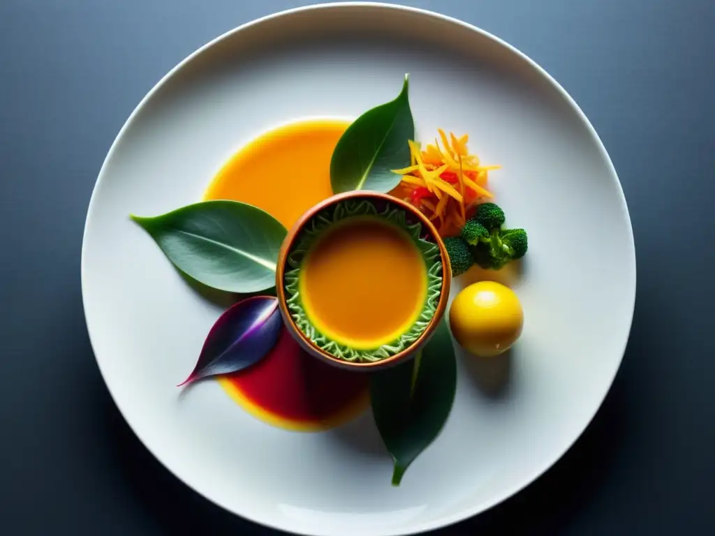 Una obra maestra culinaria de la nueva generación de chefs asiáticos: un plato vibrante y meticulosamente elaborado con ingredientes locales coloridos