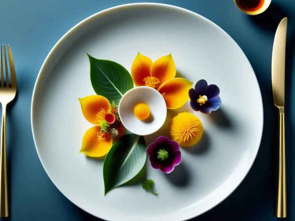 Una obra maestra gastronómica en un restaurante con estrellas Michelin en Asia: plato blanco con exquisitas creaciones culinarias asiáticas