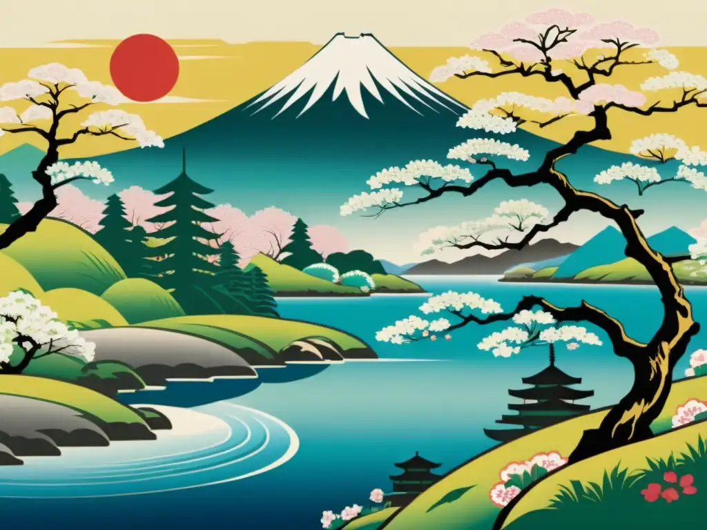 Obra maestra japonesa en madera con influencia del arte tradicional japonés: paisaje sereno con cerezos en flor y montaña majestuosa