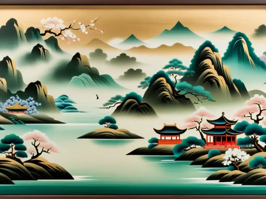 Obra maestra: pintura antigua china de paisaje sereno con montañas neblinosas, ríos tranquilos y delicadas flores de cerezo en tonos suaves