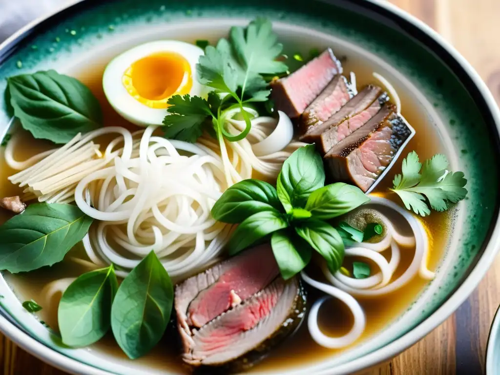 Una obra maestra sensorial de la gastronomía de Fusiones Indochinas: un tazón humeante de pho vietnamita con capas de carne, fideos y hierbas frescas sumergidas en un caldo aromático