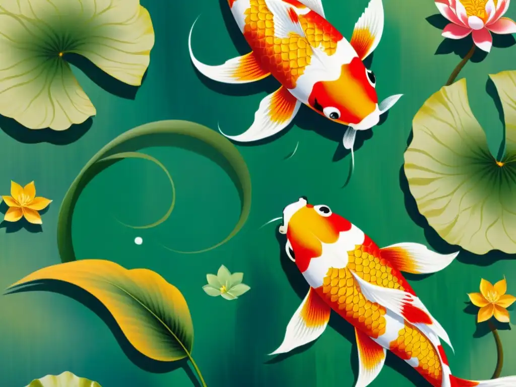 Obra maestra: significado del koi en pintura japonesa, detallada representación de un koi nadando entre lotos en acuarela vibrante y precisa