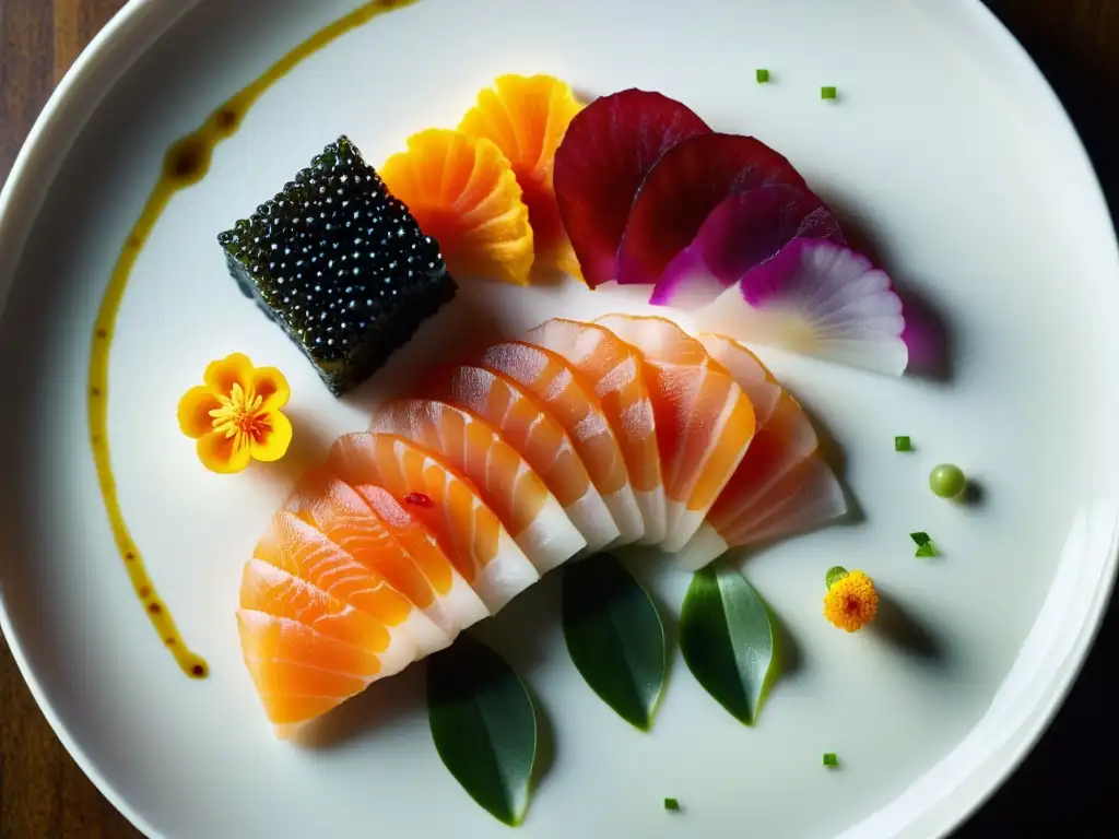 Una obra maestra de sushi de lujo: meticulosa disposición de sashimi, caviar y flores comestibles, con colores vibrantes y sofisticación