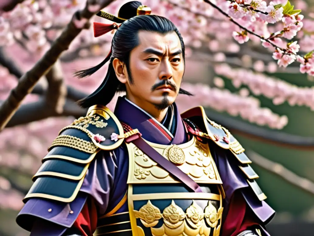 Oda Nobunaga, figura histórica japonesa, en ilustración anime con armadura samurái y pétalos de cerezo, evocando historia japonesa