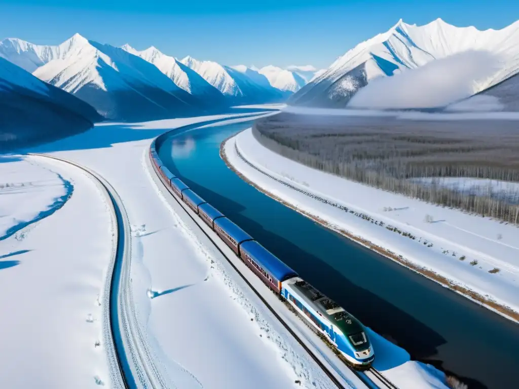 Odisea cultural en el tren transiberiano: vista aérea del ferrocarril cortando la vasta Siberia entre montañas nevadas