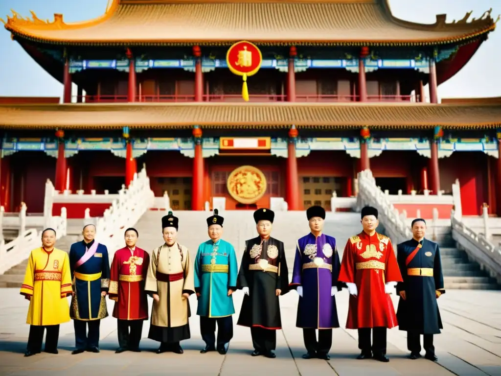 Oficiales del Servicio Civil en China realizando una procesión ceremonial, con atuendos tradicionales y fondo de arquitectura antigua y dragones